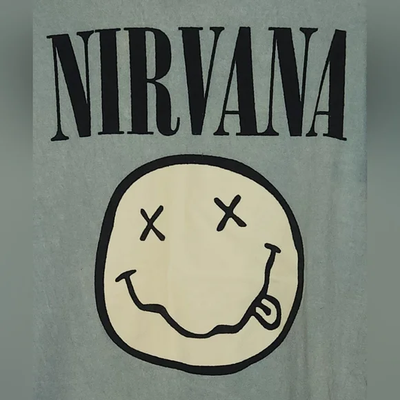 Nirvana Iconic Smiley Face T-Shirt - Size Large - Distressed Sage Green - Picture 3 of 4